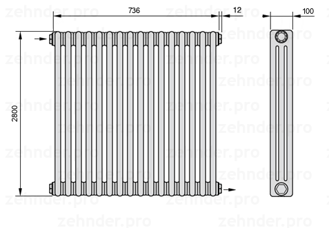 Схема (чертеж) Радиатор Zehnder Charleston 3280/16 №1670 Белый глянцевый RAL 9016